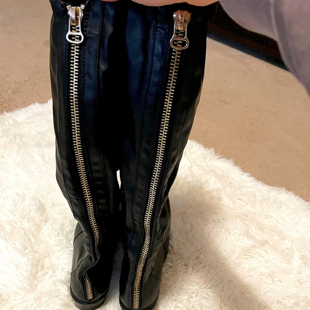 Black Exposed Zipper Over the Knee Riding Boots, 7.5 - Picture 2 of 8